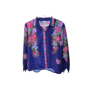 Vintage Current Floral Paisley Blouse Royal Blue Long Sleeve Button Down‎ Top